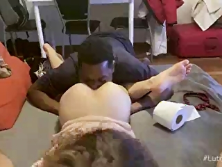 Roommates and housemate engage in a steamy interracial threesome.